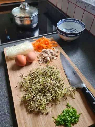 Zutaten für chinesische Nudelsuppe mit Sprossen